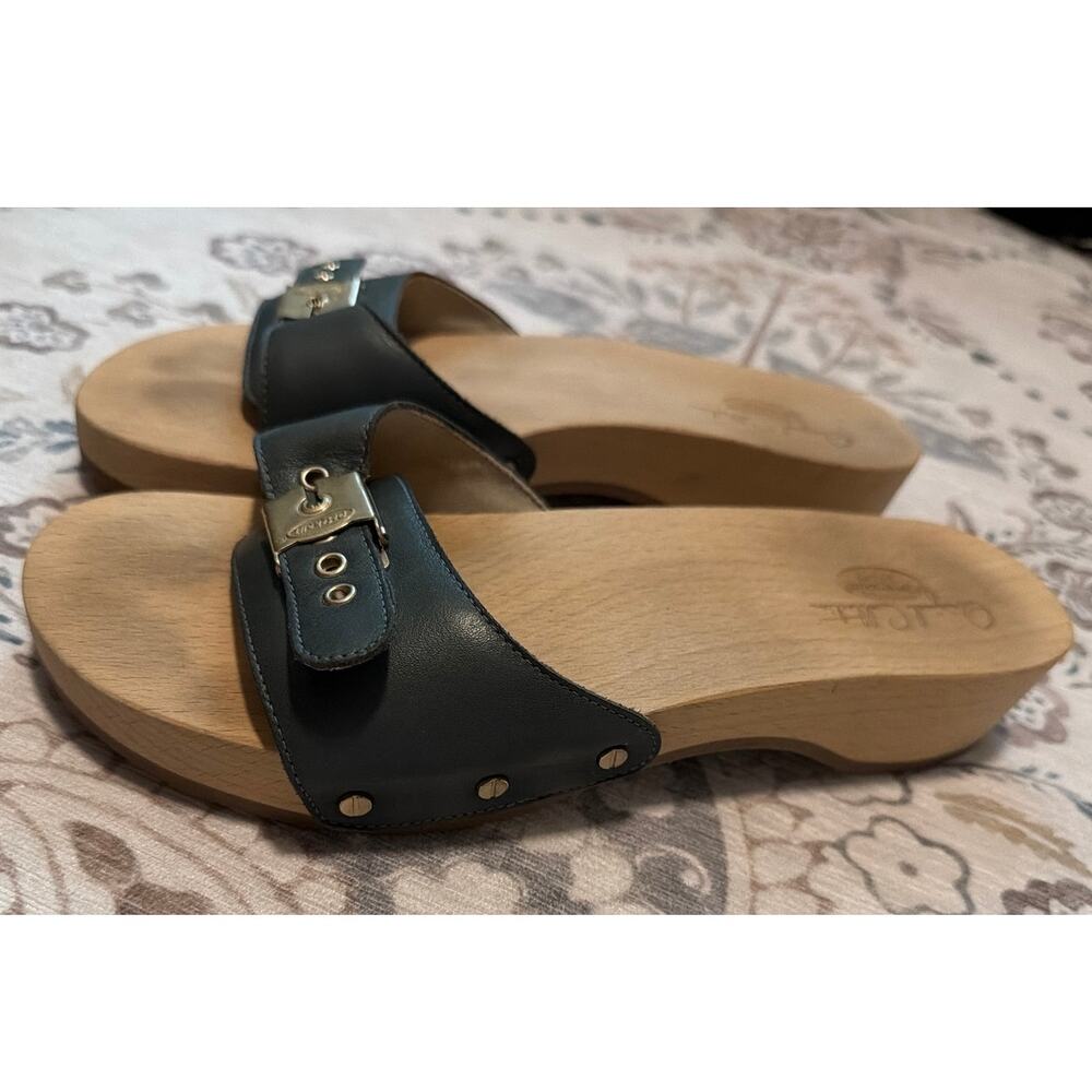 Dr. Scholls Original Clog Shoes Womens Size 10 Navy Leather Wood Slide Sandals - Picture 3 of 7